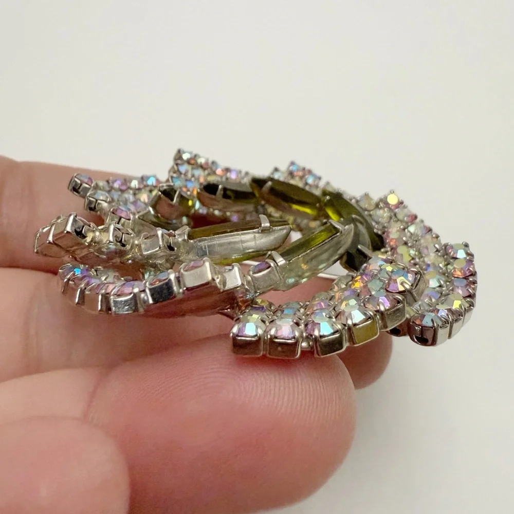 Vintage AB Green Glass Rhinestone Layered Tiered Round Wreathe Pin Brooch
